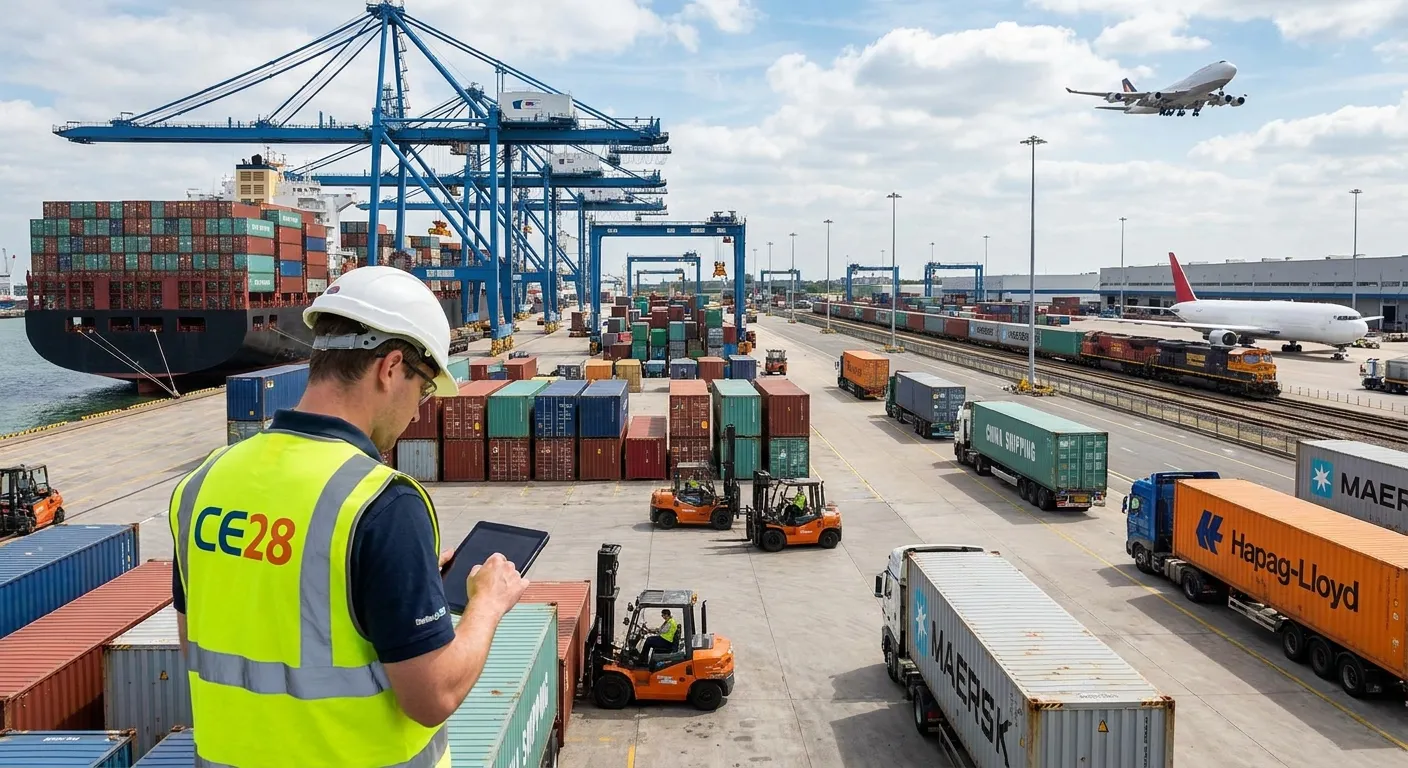 Terminal portuaria con contenedores, camiones y grúas durante una operación de carga.